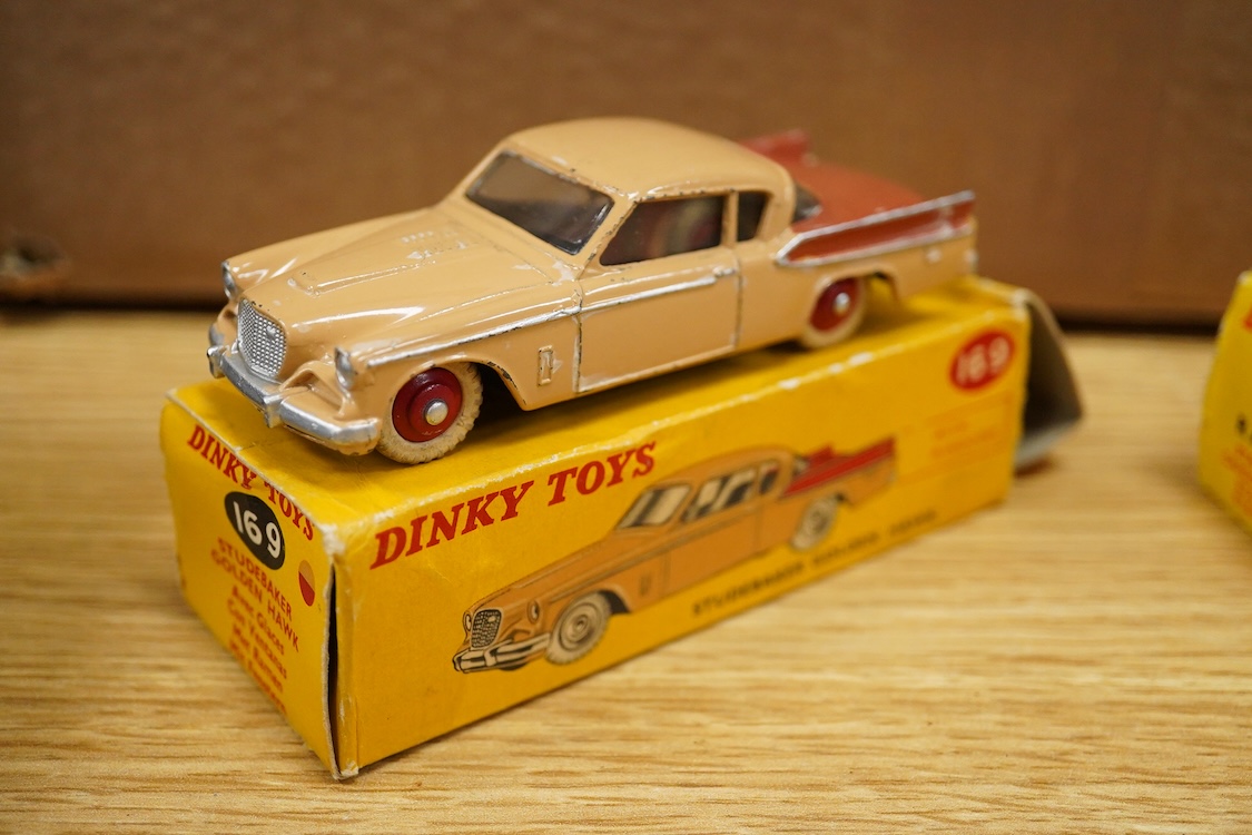 Six boxed Dinky Toys; Rolls-Royce Silver Wraith (150), Sunbeam Rapier Saloon (166), Studebaker Golden Hawk (169), Studebaker Land Cruiser (172), Hudson Hornet Sedan (174), and Rambler Cross Country Station Wagon (193)